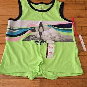 Justice Neon Green Surf Graphic Tank with Navy Trim
